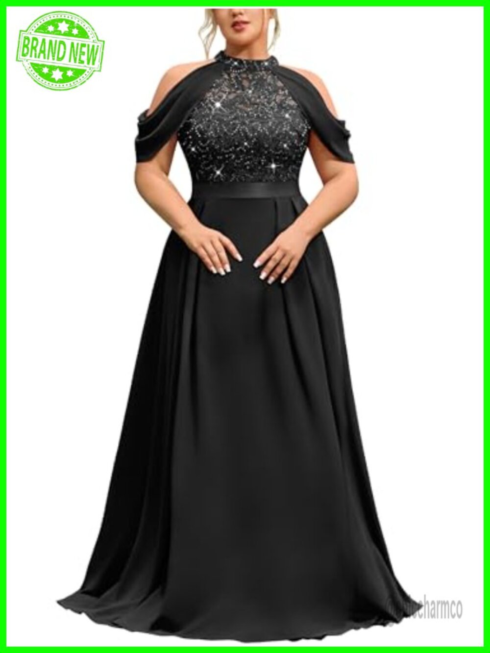 Plus Size Formal Halter Cape Sleeve Sequin Lace Maxi Dress